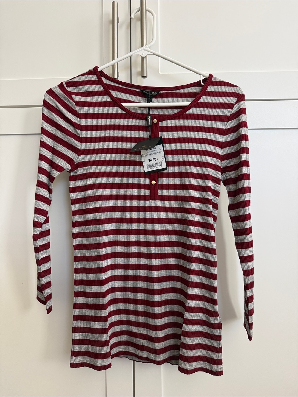 Massimo Dutti Red & White Striped Ribbed Henley Top Small